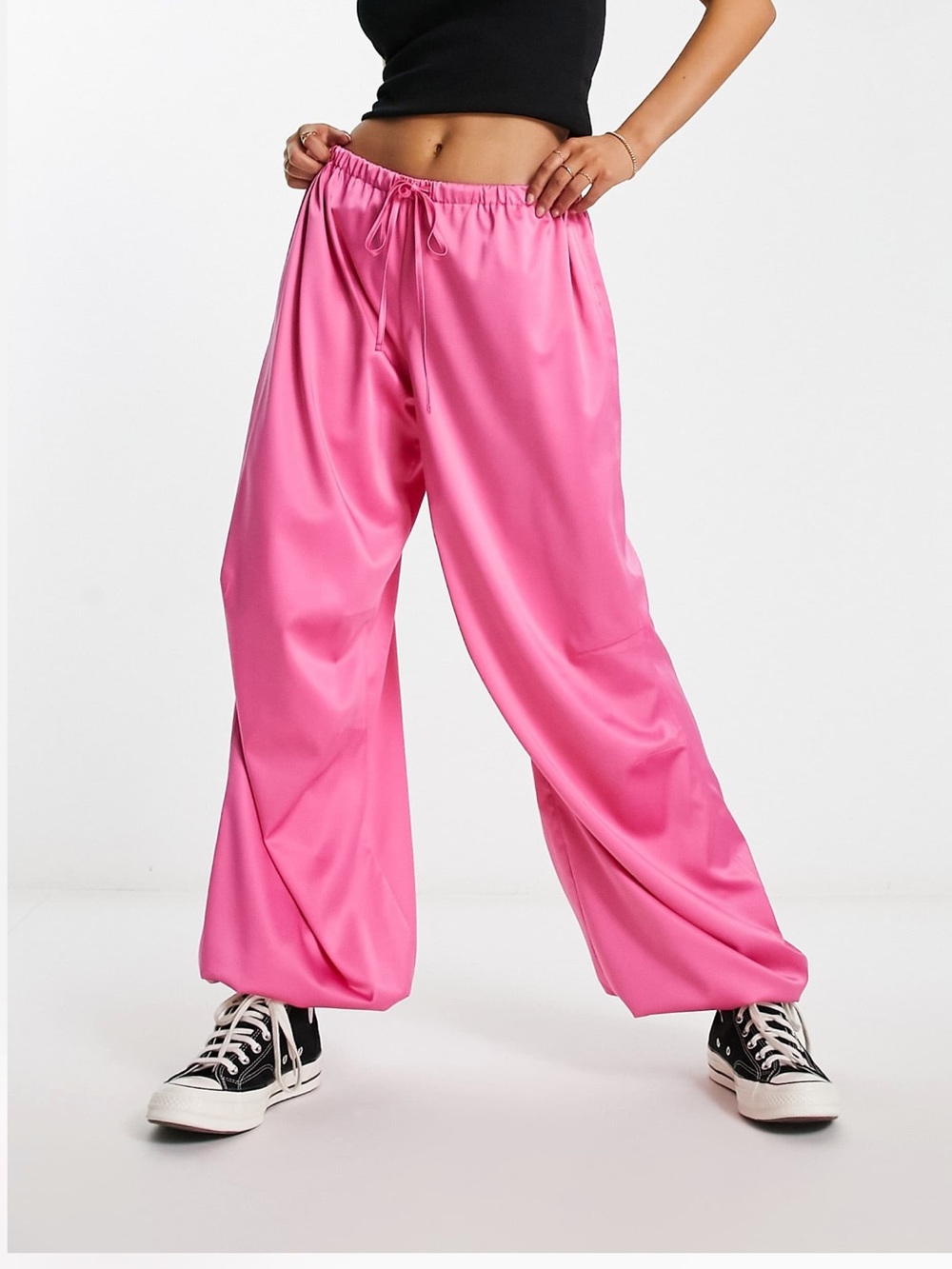 ASOS Wide Leg Satin Pants in Bright Pink with Drawstring